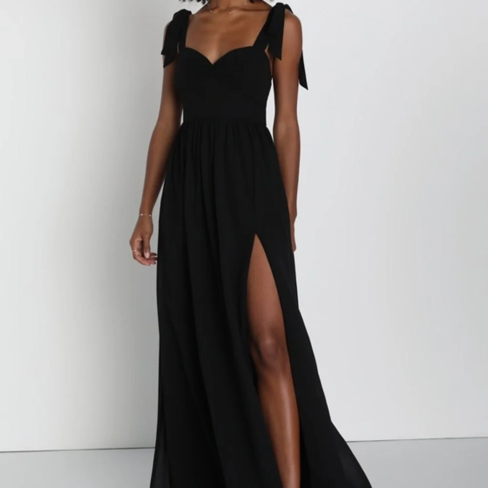 Lulus Radiant Charisma Black Chiffon Ruched Tie-strap Maxi Dress - Size L - Picture 1 of 1